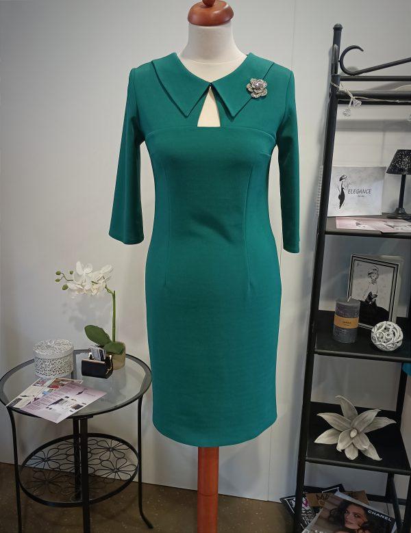 zelené puzdrové šaty s 3/4 rukávom,prechodné šaty s golierom,yaujímavý výstrih